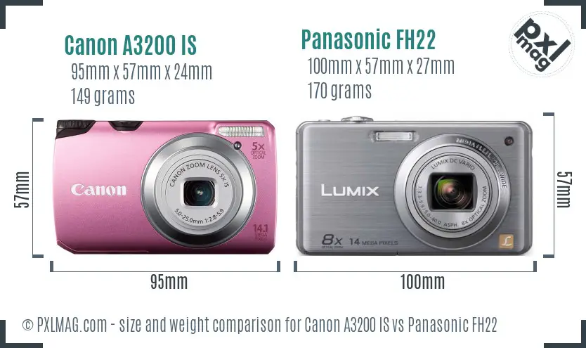 Canon A3200 IS vs Panasonic FH22 size comparison