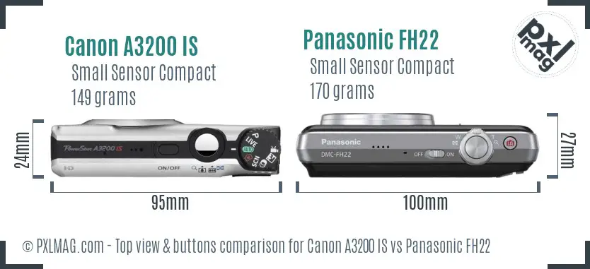 Canon A3200 IS vs Panasonic FH22 top view buttons comparison
