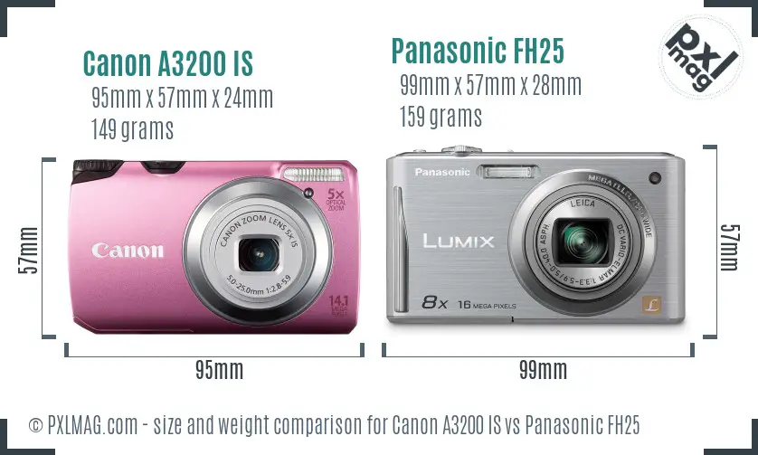 Canon A3200 IS vs Panasonic FH25 size comparison