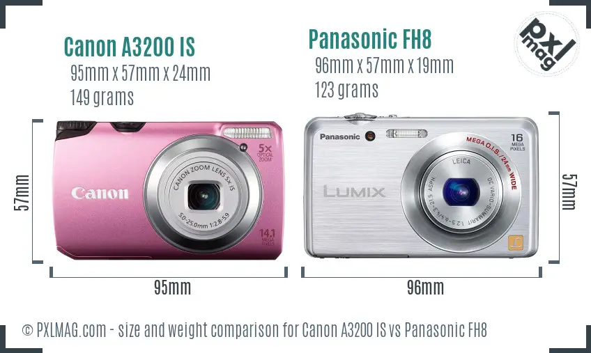Canon A3200 IS vs Panasonic FH8 size comparison
