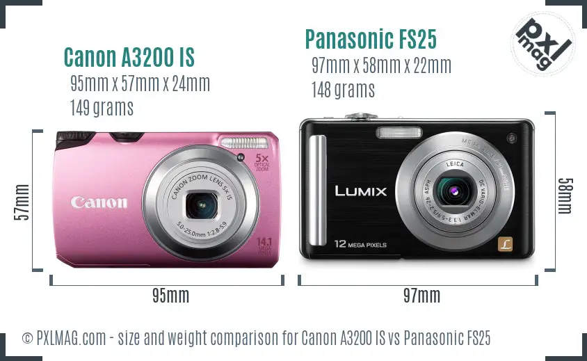 Canon A3200 IS vs Panasonic FS25 size comparison Canon A3200 IS vs Panasonic FS25 size comparison