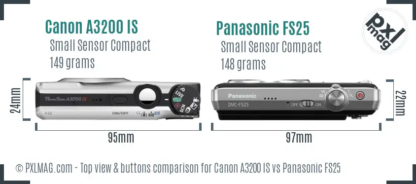 Canon A3200 IS vs Panasonic FS25 top view buttons comparison Canon A3200 IS vs Panasonic FS25 top view buttons comparison
