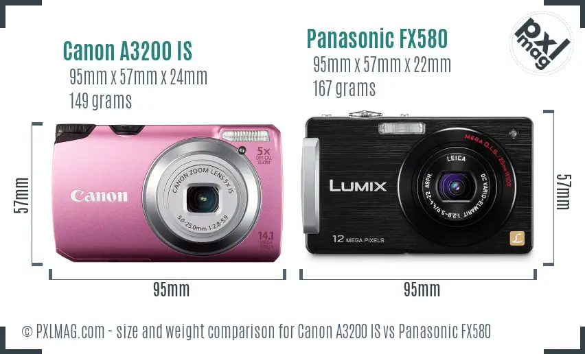 Canon A3200 IS vs Panasonic FX580 size comparison