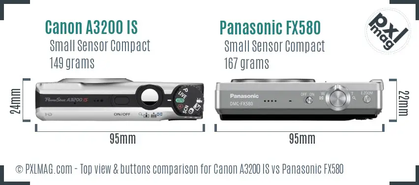 Canon A3200 IS vs Panasonic FX580 top view buttons comparison