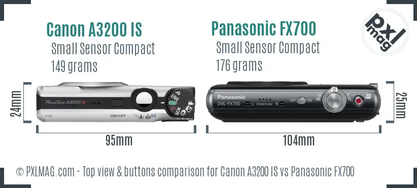 Canon A3200 IS vs Panasonic FX700 top view buttons comparison Canon A3200 IS vs Panasonic FX700 top view buttons comparison