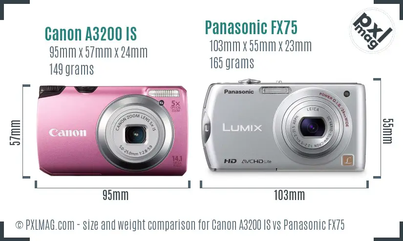 Canon A3200 IS vs Panasonic FX75 size comparison