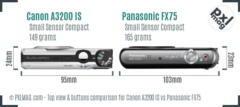 Canon A3200 IS vs Panasonic FX75 top view buttons comparison