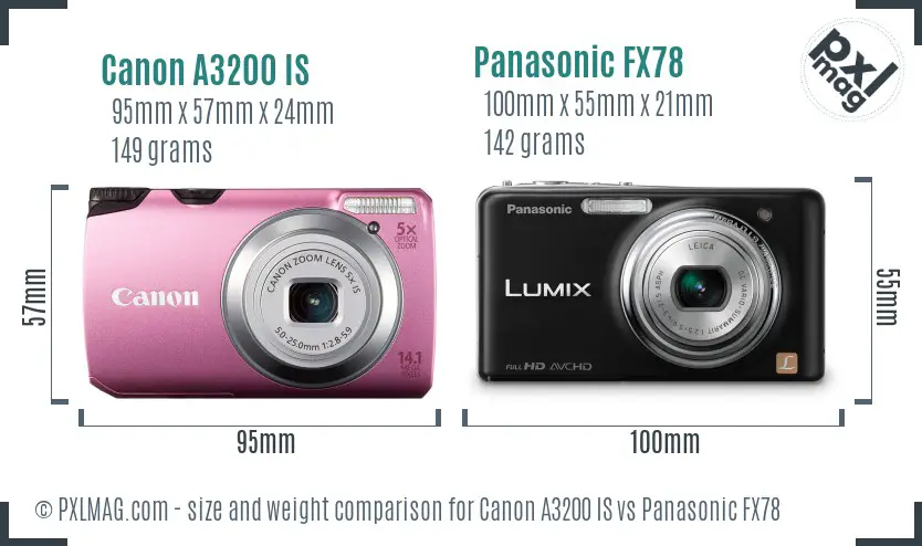 Canon A3200 IS vs Panasonic FX78 size comparison