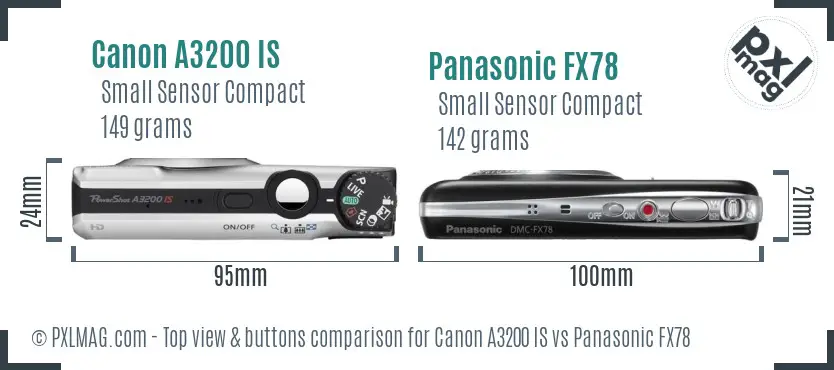 Canon A3200 IS vs Panasonic FX78 top view buttons comparison
