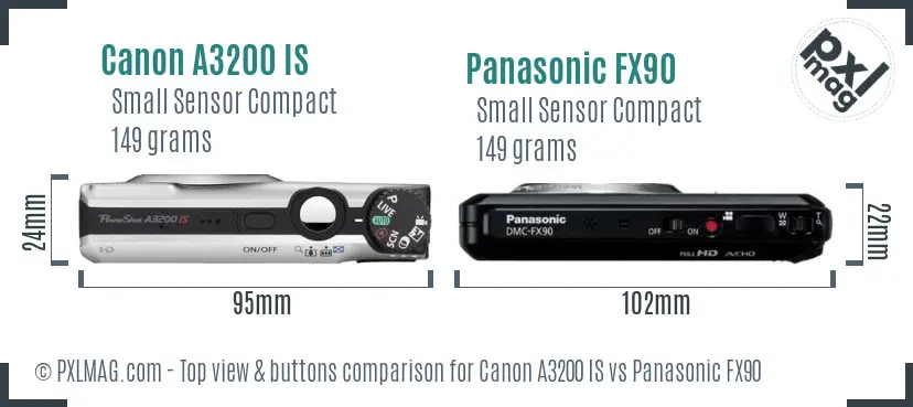 Canon A3200 IS vs Panasonic FX90 top view buttons comparison Canon A3200 IS vs Panasonic FX90 top view buttons comparison