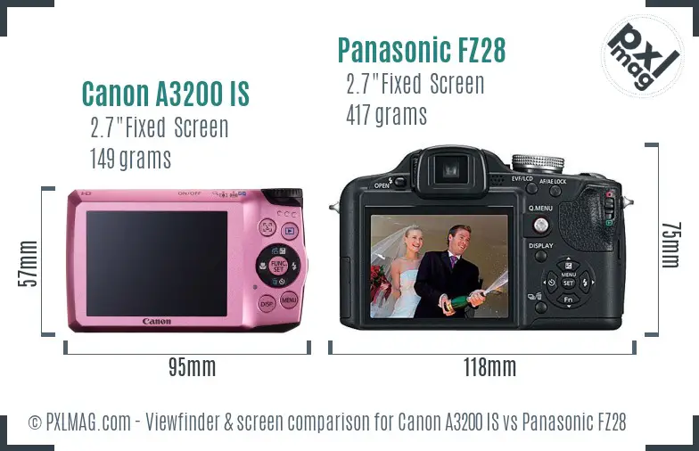 Canon A3200 IS vs Panasonic FZ28 Screen and Viewfinder comparison