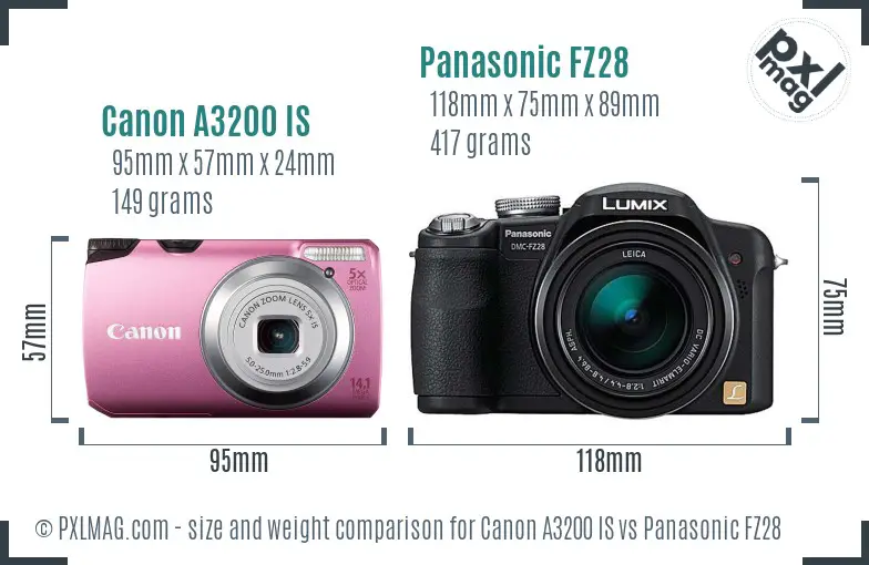 Canon A3200 IS vs Panasonic FZ28 size comparison