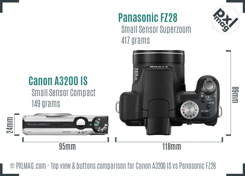 Canon A3200 IS vs Panasonic FZ28 top view buttons comparison