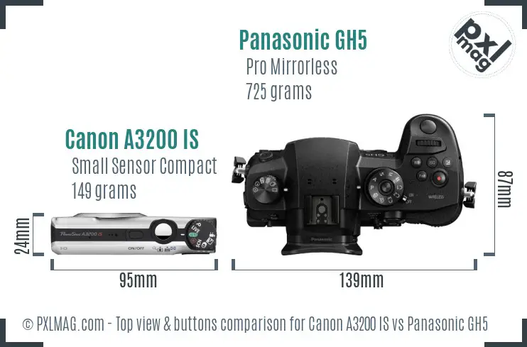 Canon A3200 IS vs Panasonic GH5 top view buttons comparison