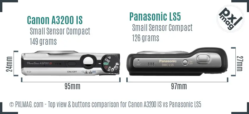 Canon A3200 IS vs Panasonic LS5 top view buttons comparison