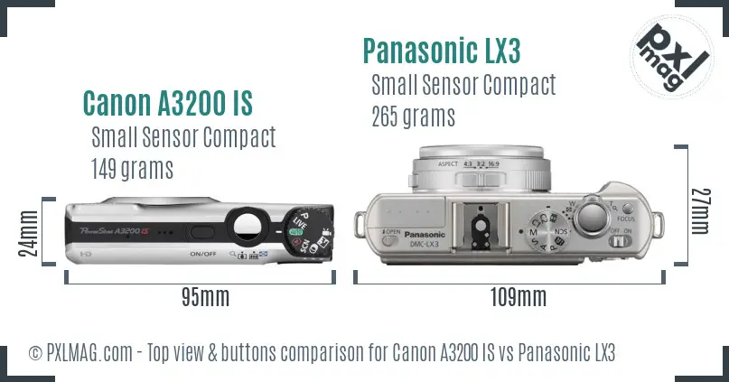 Canon A3200 IS vs Panasonic LX3 top view buttons comparison Canon A3200 IS vs Panasonic LX3 top view buttons comparison
