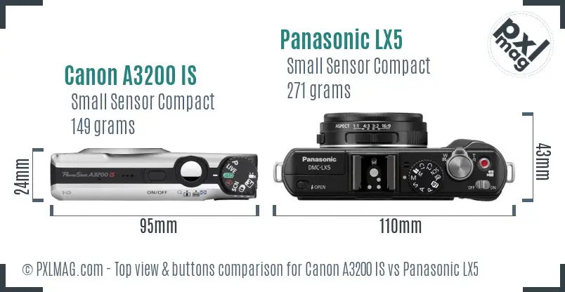 Canon A3200 IS vs Panasonic LX5 top view buttons comparison