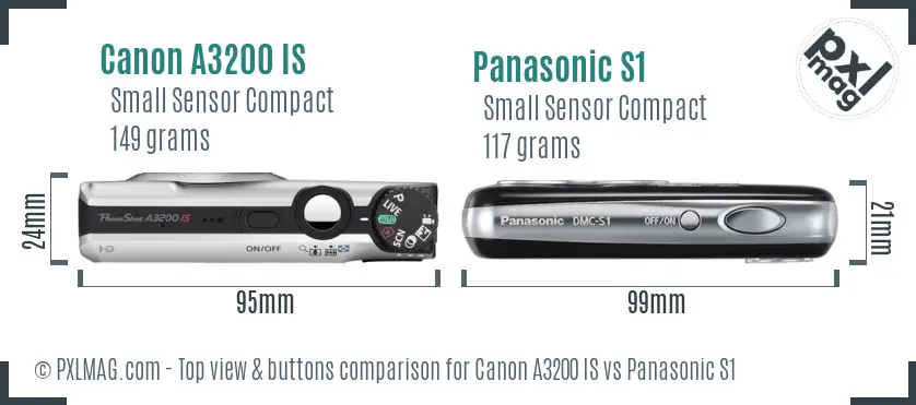 Canon A3200 IS vs Panasonic S1 top view buttons comparison Canon A3200 IS vs Panasonic S1 top view buttons comparison