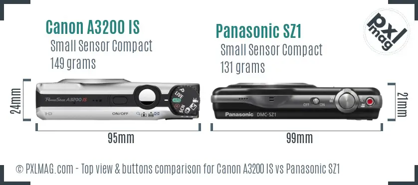 Canon A3200 IS vs Panasonic SZ1 top view buttons comparison Canon A3200 IS vs Panasonic SZ1 top view buttons comparison