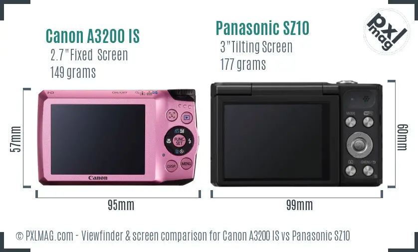 Canon A3200 IS vs Panasonic SZ10 Screen and Viewfinder comparison