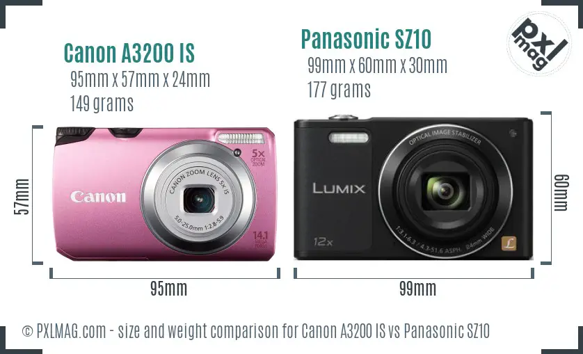 Canon A3200 IS vs Panasonic SZ10 size comparison