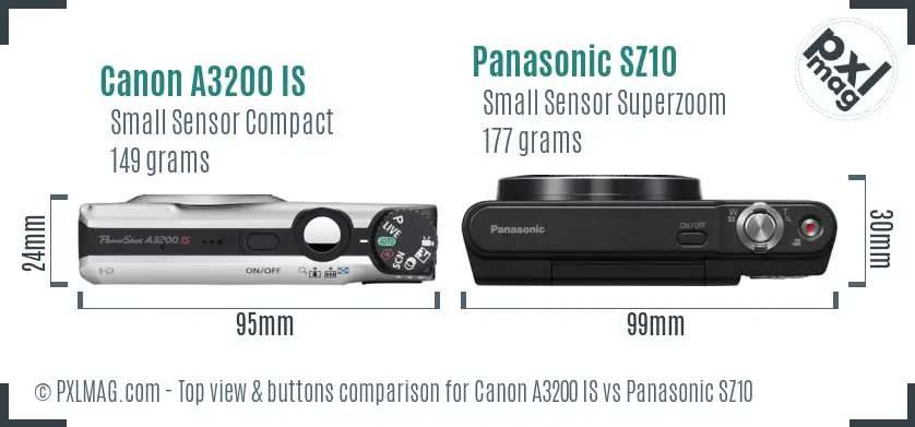 Canon A3200 IS vs Panasonic SZ10 top view buttons comparison