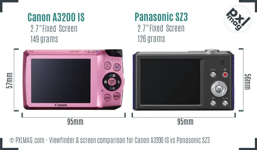 Canon A3200 IS vs Panasonic SZ3 Screen and Viewfinder comparison