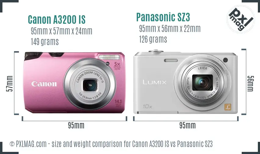 Canon A3200 IS vs Panasonic SZ3 size comparison