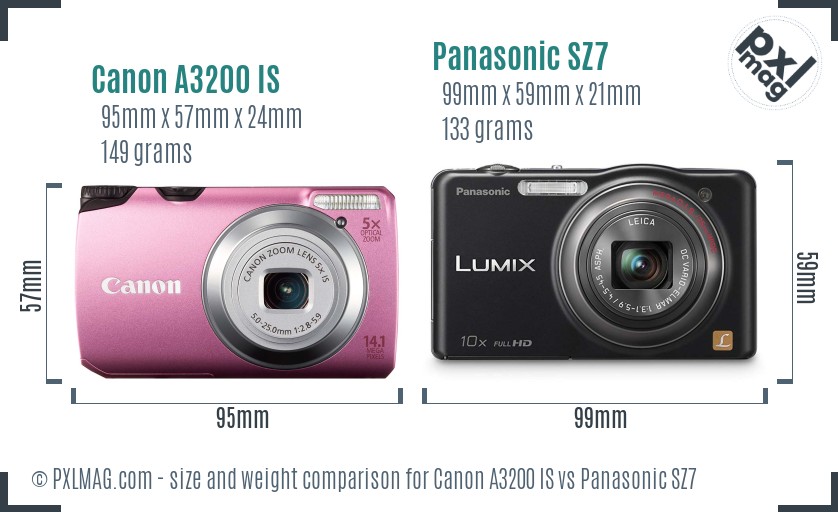 Canon A3200 IS vs Panasonic SZ7 size comparison