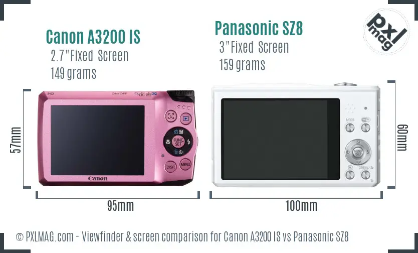Canon A3200 IS vs Panasonic SZ8 Screen and Viewfinder comparison