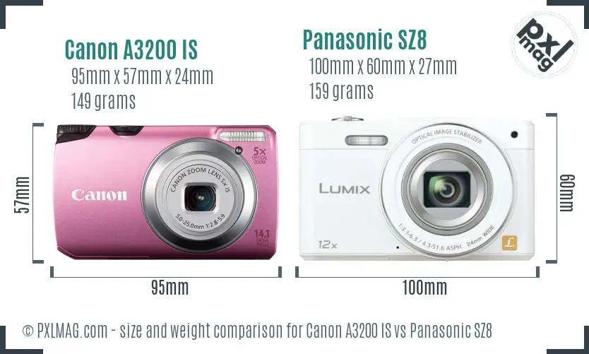 Canon A3200 IS vs Panasonic SZ8 size comparison