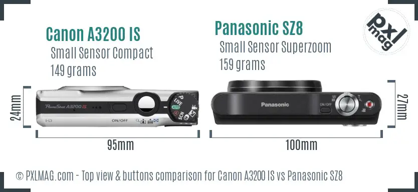 Canon A3200 IS vs Panasonic SZ8 top view buttons comparison