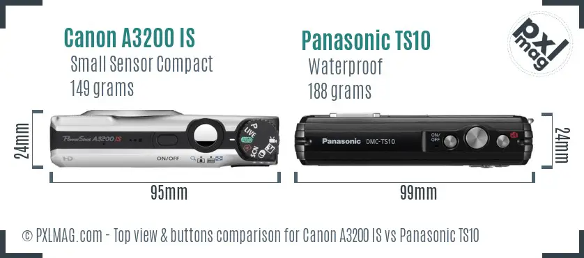 Canon A3200 IS vs Panasonic TS10 top view buttons comparison