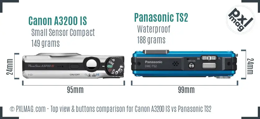 Canon A3200 IS vs Panasonic TS2 top view buttons comparison