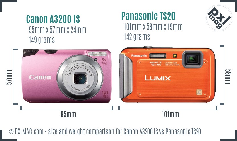 Canon A3200 IS vs Panasonic TS20 size comparison