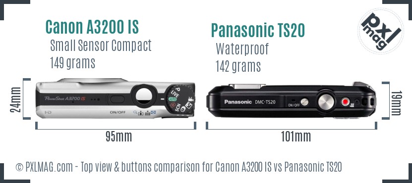 Canon A3200 IS vs Panasonic TS20 top view buttons comparison