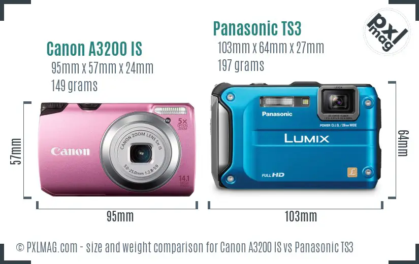 Canon A3200 IS vs Panasonic TS3 size comparison