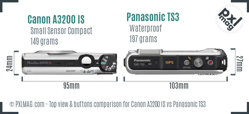 Canon A3200 IS vs Panasonic TS3 top view buttons comparison
