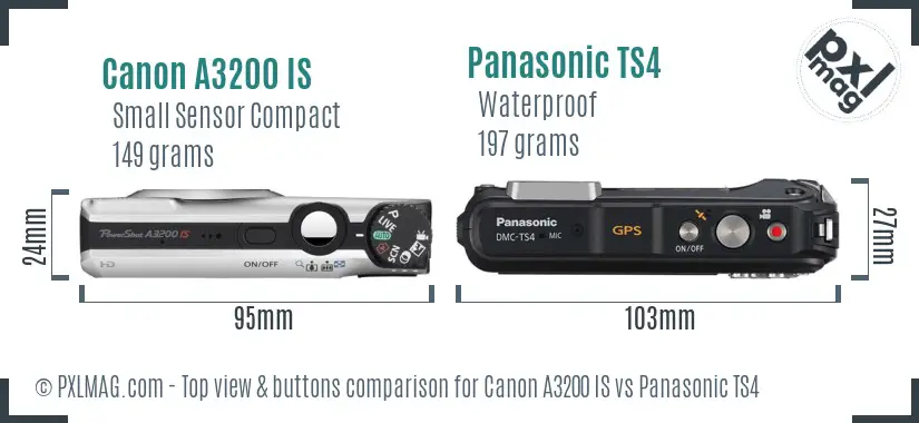 Canon A3200 IS vs Panasonic TS4 top view buttons comparison
