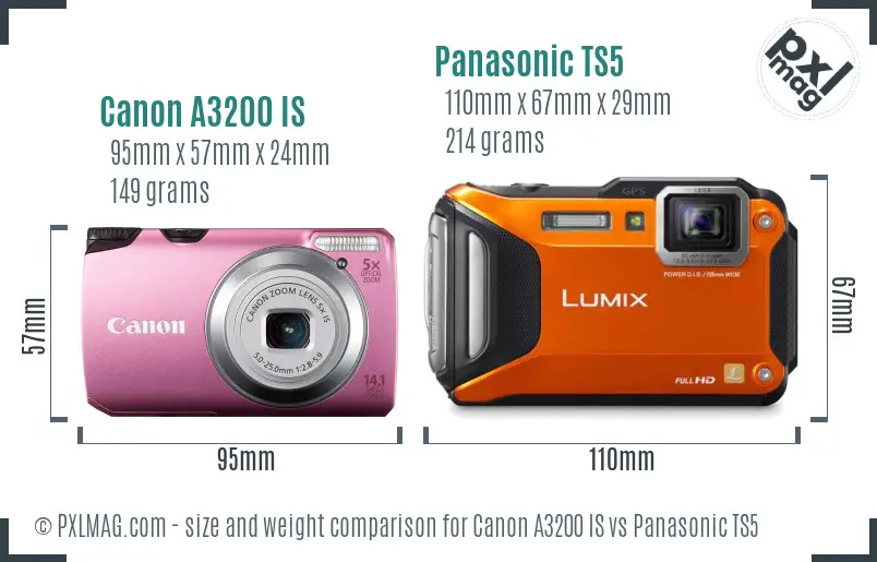 Canon A3200 IS vs Panasonic TS5 size comparison