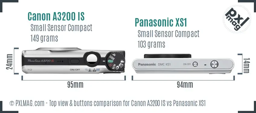 Canon A3200 IS vs Panasonic XS1 top view buttons comparison Canon A3200 IS vs Panasonic XS1 top view buttons comparison