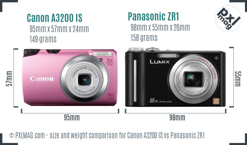 Canon A3200 IS vs Panasonic ZR1 size comparison