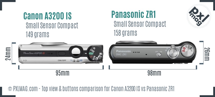 Canon A3200 IS vs Panasonic ZR1 top view buttons comparison