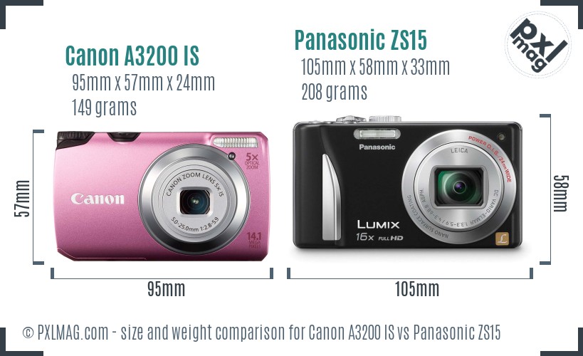 Canon A3200 IS vs Panasonic ZS15 size comparison