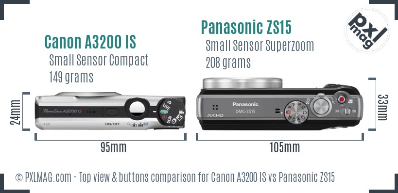 Canon A3200 IS vs Panasonic ZS15 top view buttons comparison