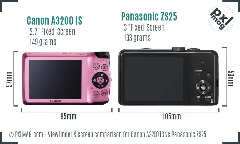 Canon A3200 IS vs Panasonic ZS25 Screen and Viewfinder comparison