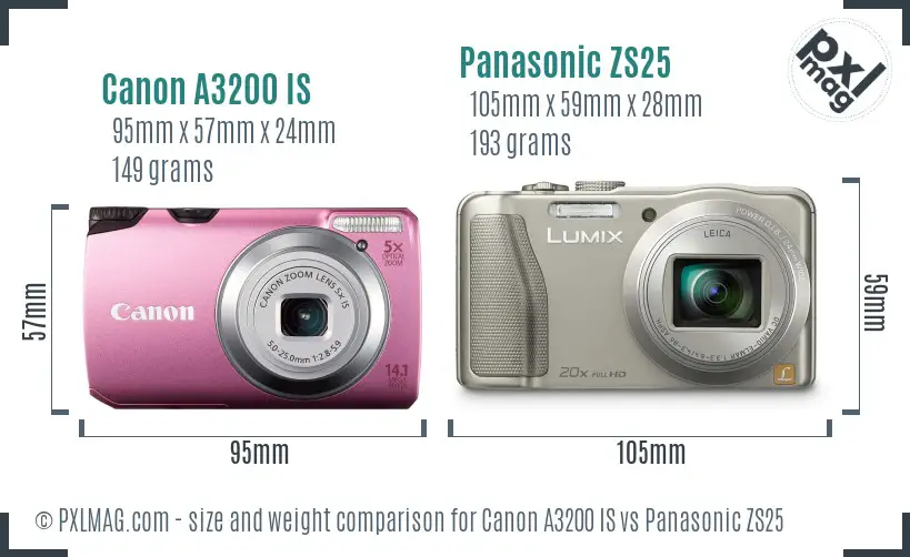 Canon A3200 IS vs Panasonic ZS25 size comparison