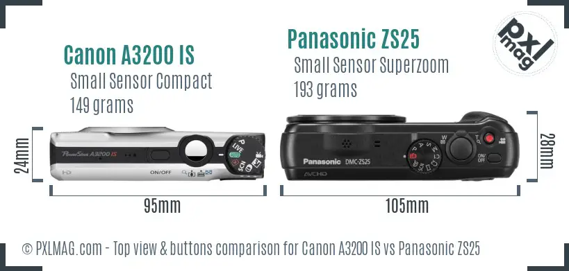 Canon A3200 IS vs Panasonic ZS25 top view buttons comparison