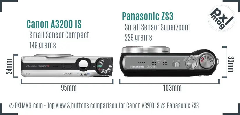 Canon A3200 IS vs Panasonic ZS3 top view buttons comparison Canon A3200 IS vs Panasonic ZS3 top view buttons comparison