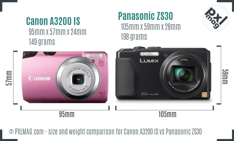 Canon A3200 IS vs Panasonic ZS30 size comparison